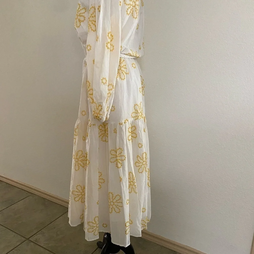Alexis White Yellow Cottage Core Embroidered Eyelet Midi‎ Dress Women's Large - Picture 4 of 13
